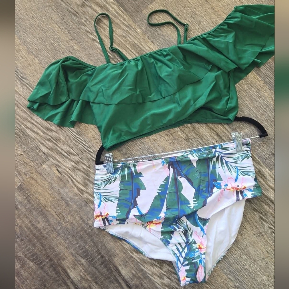 XL Floral Bikini Set Ruffle Tropical Vacation Cruise Beach High Waist